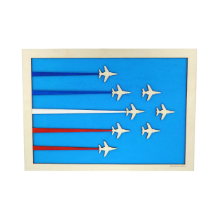 Customizable wall art frame of aerial aerobatics in cut and engraved wood