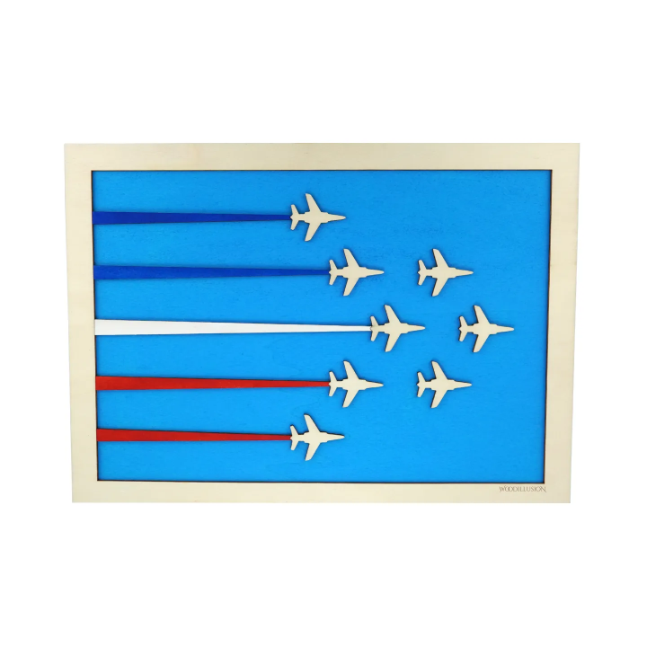 Customizable wall art frame of aerial aerobatics in cut and engraved wood