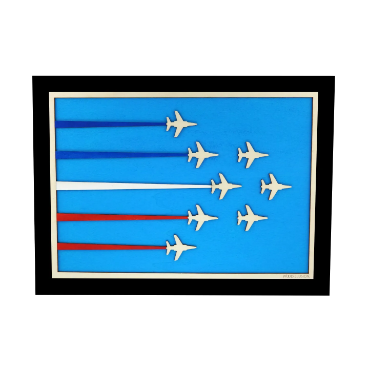 Customizable wall art frame of aerial aerobatics in cut and engraved wood