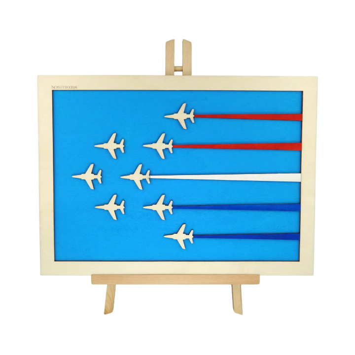 Customizable wall art frame of aerial aerobatics in cut and engraved wood