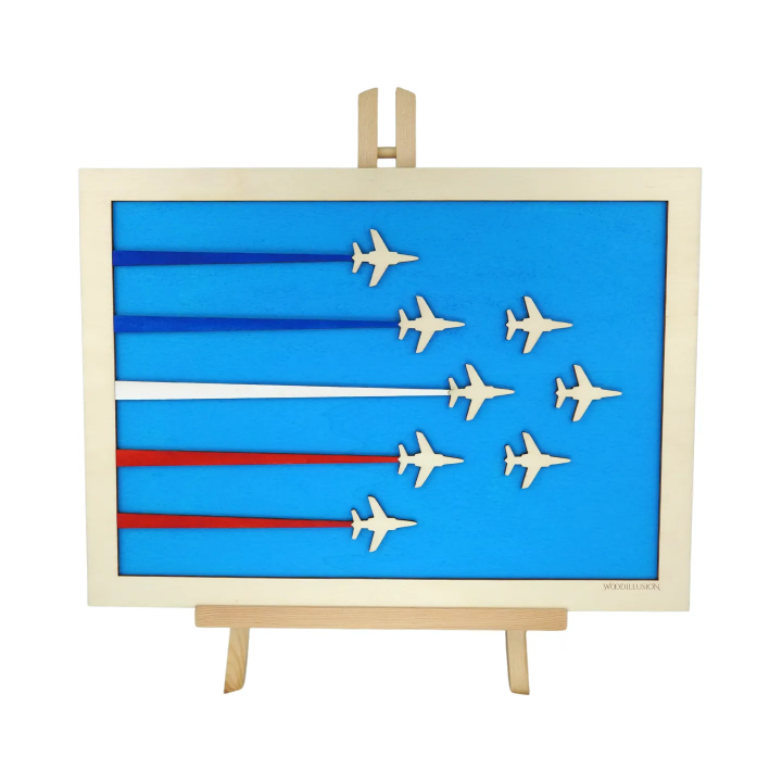 Customizable wall art frame of aerial aerobatics in cut and engraved wood