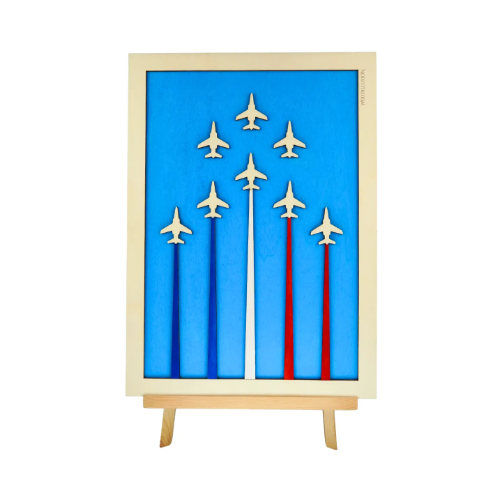 Customizable wall art frame of aerial aerobatics in cut and engraved wood