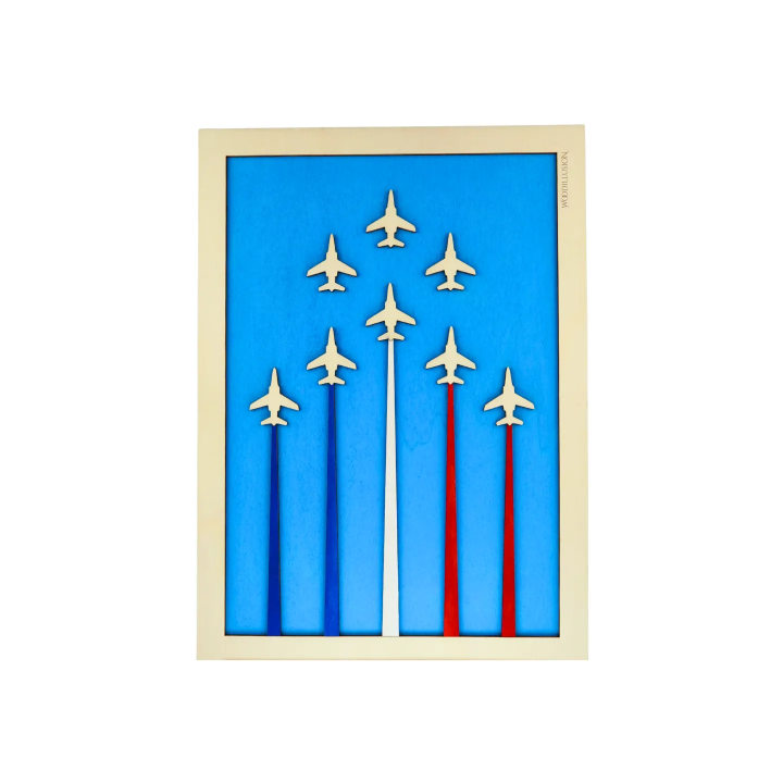 Customizable wall art frame of aerial aerobatics in cut and engraved wood