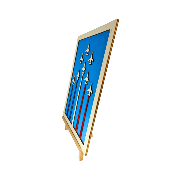 Customizable wall art frame of aerial aerobatics in cut and engraved wood