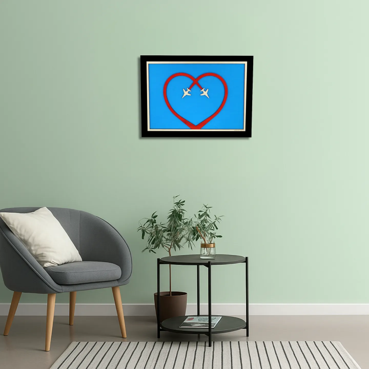 Waiting room view with a customizable wall art frame of aerial aerobatics