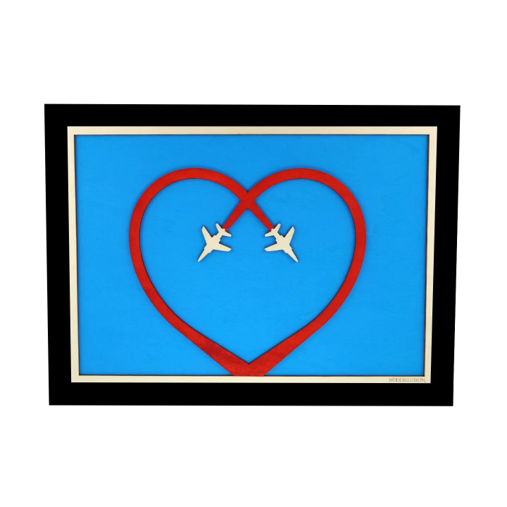 Tableau cadre personnalisable de voltige aérienne en bois découpé et gravé vue de face avec cadre Woodillusion