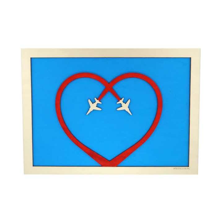 Customizable wall art frame of aerial aerobatics in cut and engraved wood front view Woodillusion