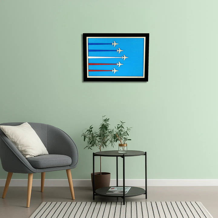 Vue d’une salle d’attente avec un tableau cadre personnalisable de voltige aérienne en bois découpé et gravé Woodillusion