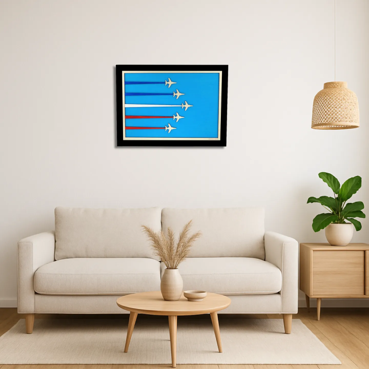 Vue d’une salle d’attente avec un tableau cadre personnalisable de voltige aérienne en bois découpé et gravé Woodillusion