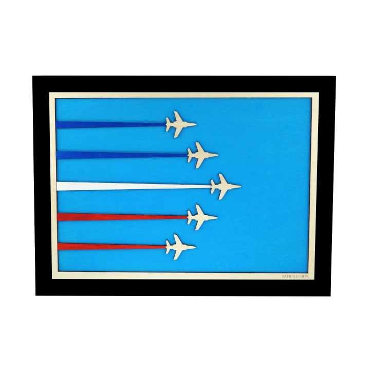 Customizable wall art frame of aerial aerobatics in cut and engraved wood front view with frame Woodillusion
