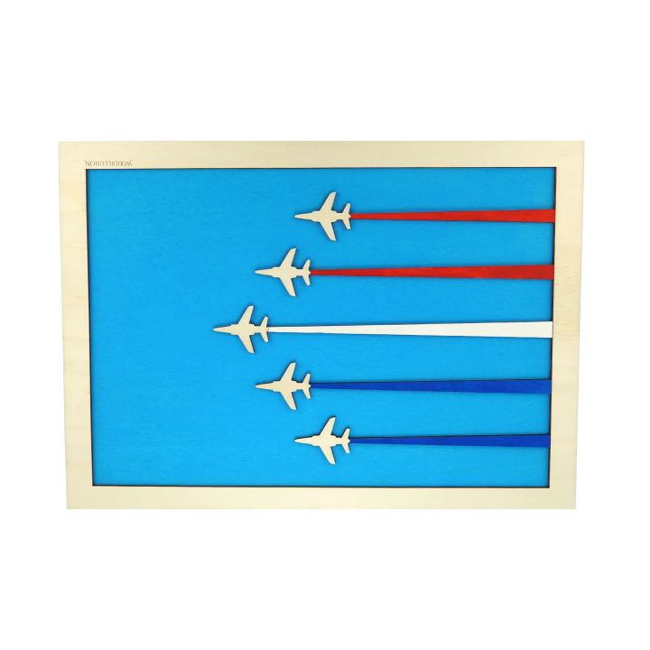 Customizable wall art frame of aerial aerobatics in cut and engraved wood front view Woodillusion