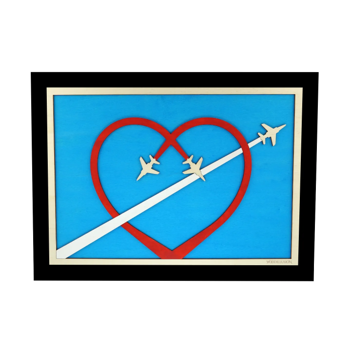 Customizable wall art frame of aerial aerobatics in cut and engraved wood front view with frame Woodillusion