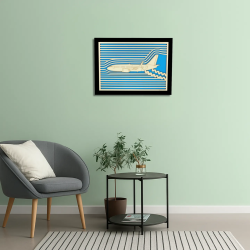 Waiting room view with a customizable wall art frame of an aeronautical design in cut and engraved wood