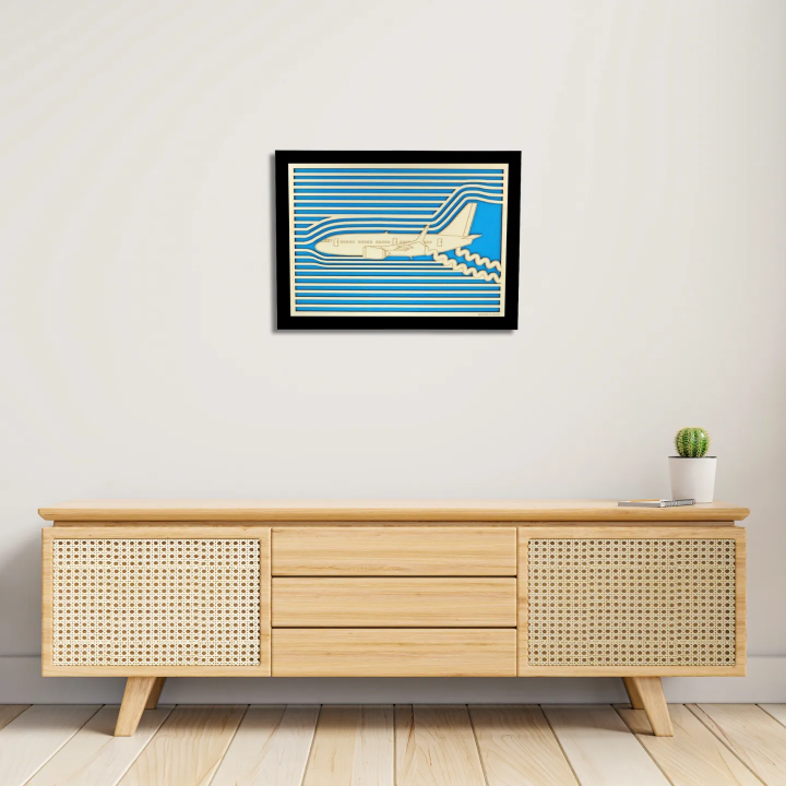 Entrance view with a customizable wall art frame of an aeronautical design in cut and engraved wood Woodillusion
