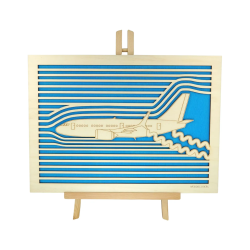 Customizable wall art frame of an aeronautical design in cut and engraved wood front view with easel Woodillusion