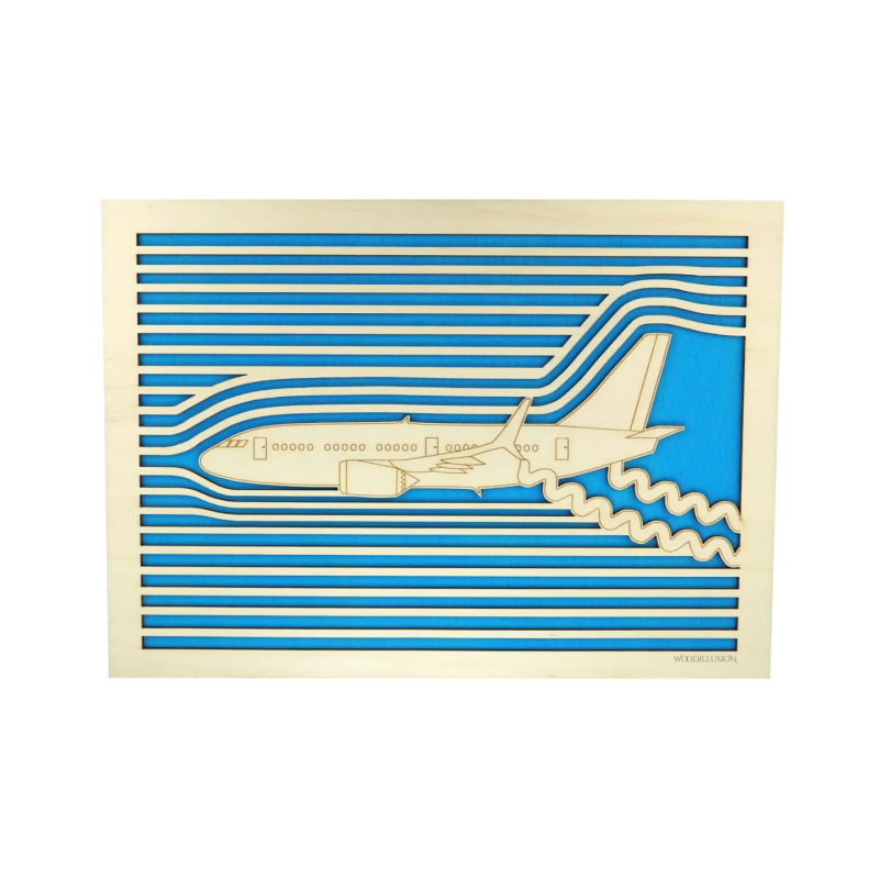 Customizable wall art frame of an aeronautical design in cut and engraved wood front view Woodillusion