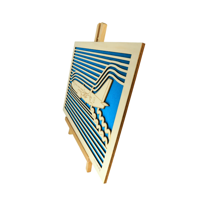 Customizable wall art frame of an aeronautical design in cut and engraved wood side view with easel Woodillusion