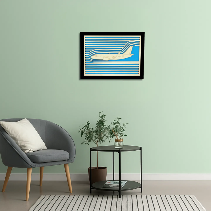 Waiting room view with a customizable wall art frame of an aeronautical design in cut and engraved wood Woodillusion