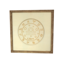 Customizable wall art frame of a Libra in cut and engraved wood front view Woodillusion