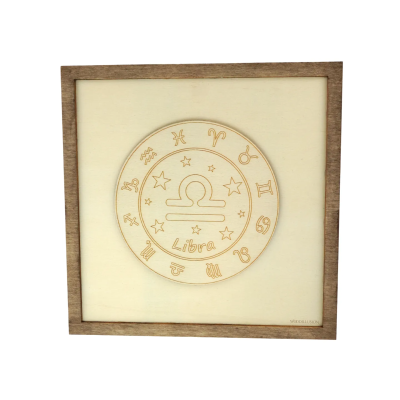 Customizable wall art frame of a Libra in cut and engraved wood front view Woodillusion