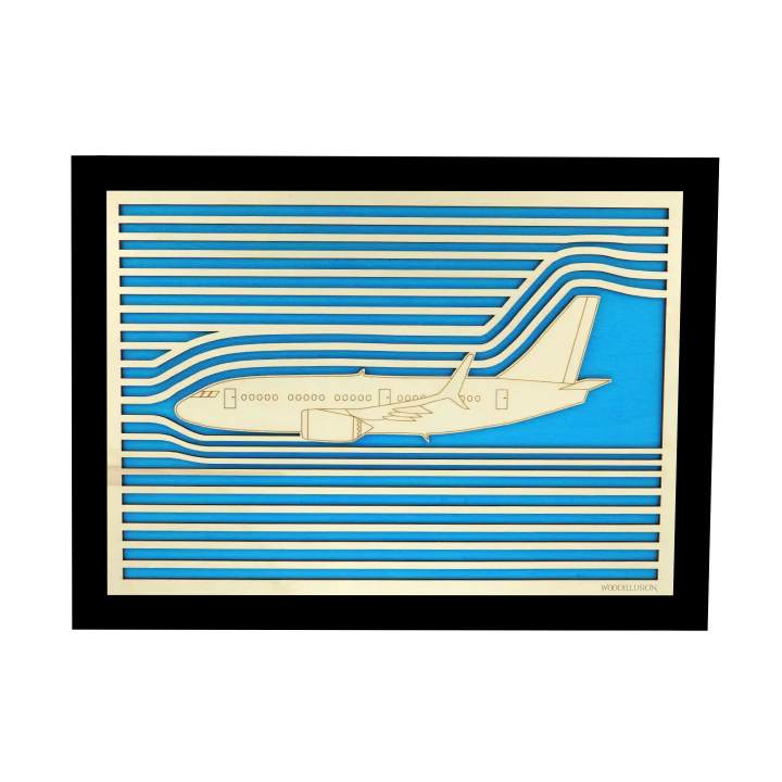 Customizable wall art frame of an aeronautical design in cut and engraved wood