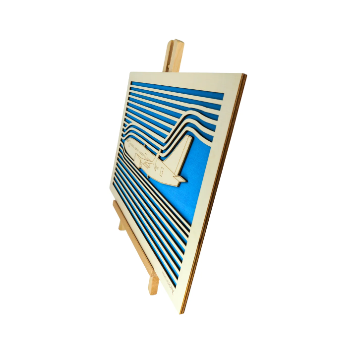 Customizable wall art frame of an aeronautical design in cut and engraved wood