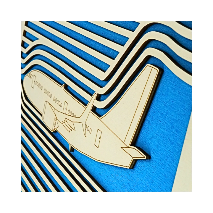 Zoom on a customizable wall art frame of an aeronautical design in cut and engraved wood