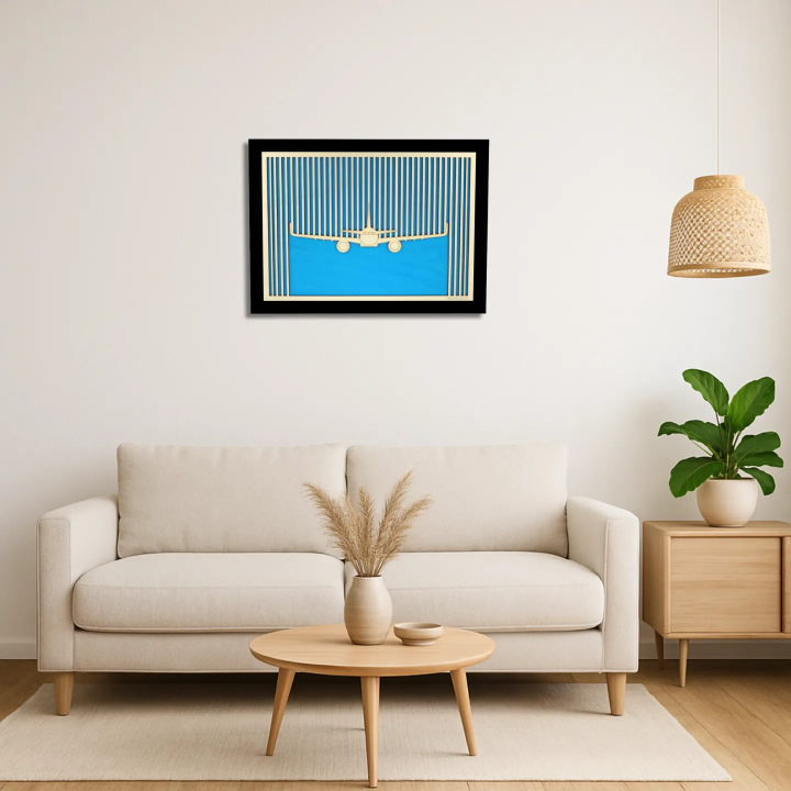 Living room view with a customizable wall art frame of an aeronautical design in cut and engraved wood