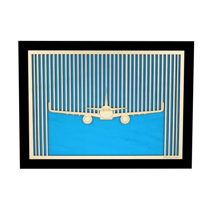 Customizable wall art frame of an aeronautical design in cut and engraved wood