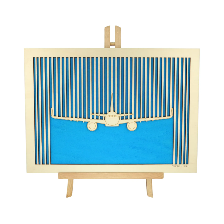 Customizable wall art frame of an aeronautical design in cut and engraved wood