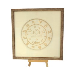 Customizable wall art frame of a Libra in cut and engraved wood front view with easel Woodillusion