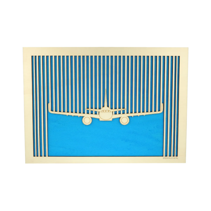 Customizable wall art frame of an aeronautical design in cut and engraved wood