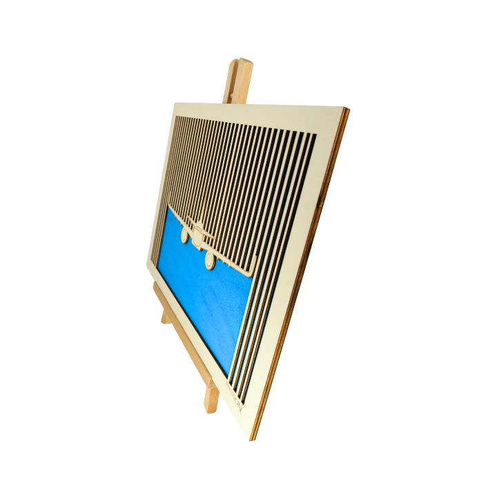 Customizable wall art frame of an aeronautical design in cut and engraved wood
