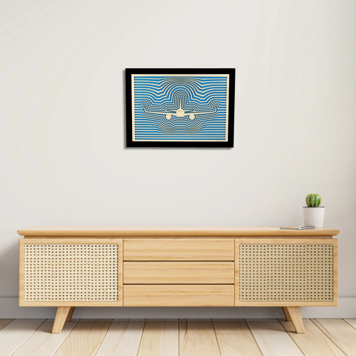 Entrance view with a customizable wall art frame of an aeronautical design in cut and engraved wood