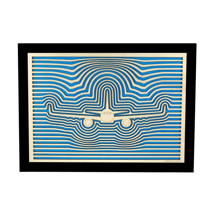 Customizable wall art frame of an aeronautical design in cut and engraved wood