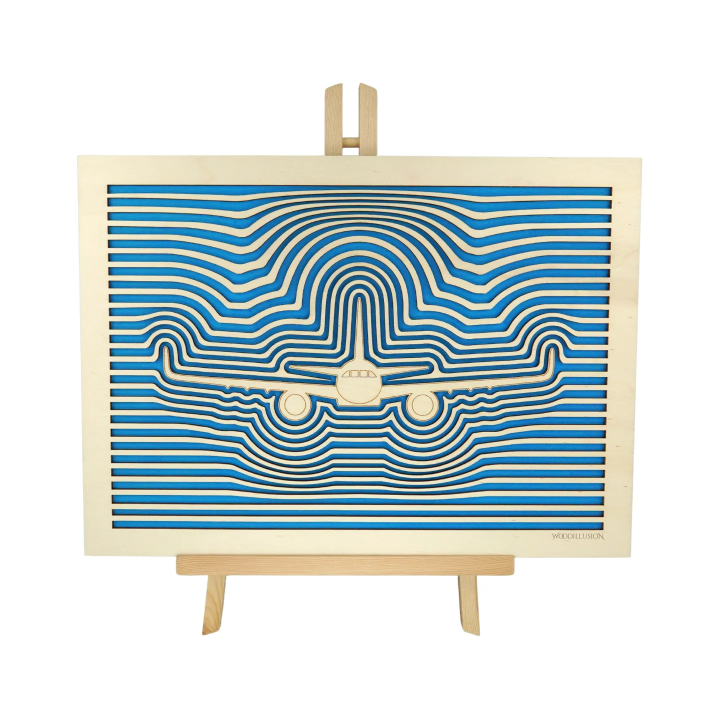 Customizable wall art frame of an aeronautical design in cut and engraved wood