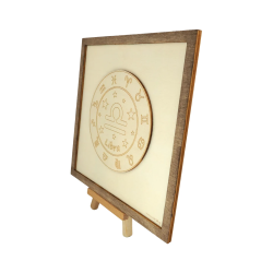Customizable wall art frame of a Libra in cut and engraved wood side view with easel Woodillusion