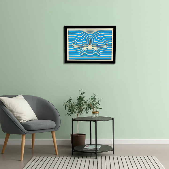 Waiting room view with a customizable wall art frame of an aeronautical design in cut and engraved