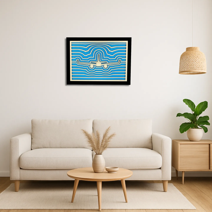 Living room view with a customizable wall art frame of an aeronautical design in cut and engraved wood