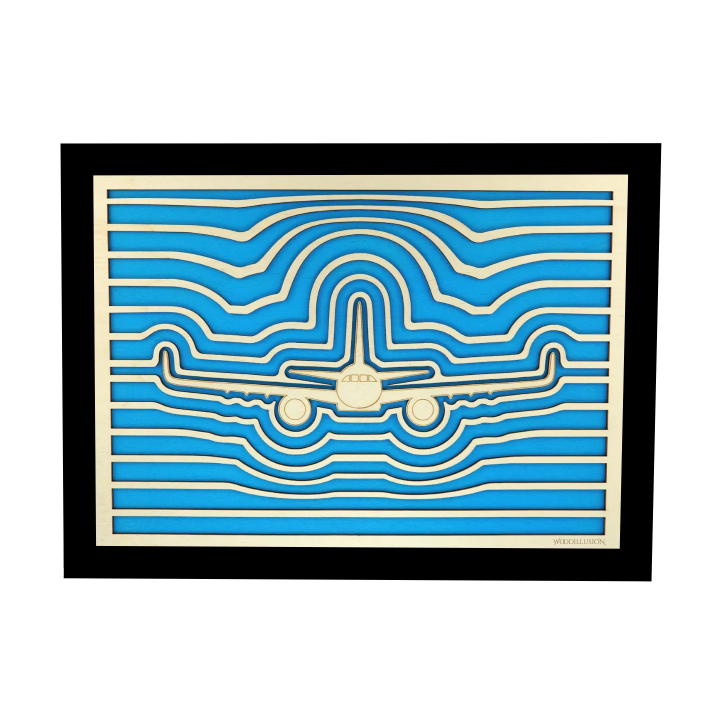 Customizable wall art frame of an aeronautical design in cut and engraved wood