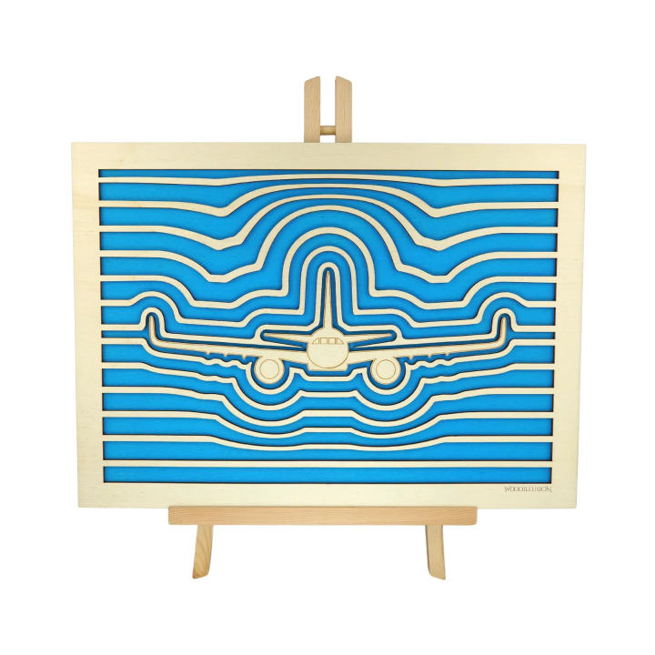 Customizable wall art frame of an aeronautical design in cut and engraved wood