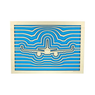Customizable wall art frame of an aeronautical design in cut and engraved wood
