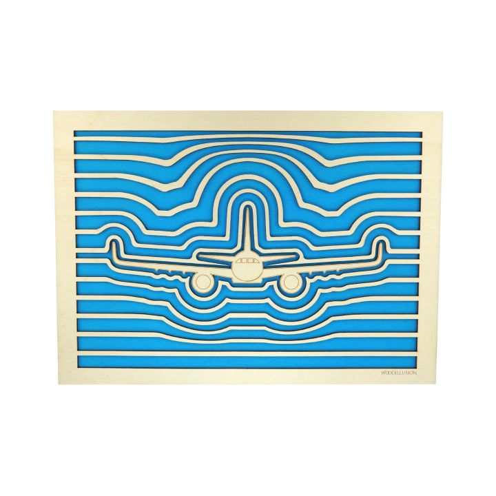 Customizable wall art frame of an aeronautical design in cut and engraved wood