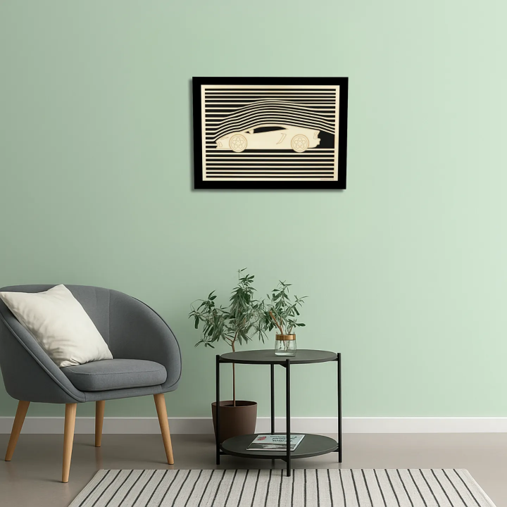 Waiting room view with a customizable wall art frame of a car design in cut and engraved wood