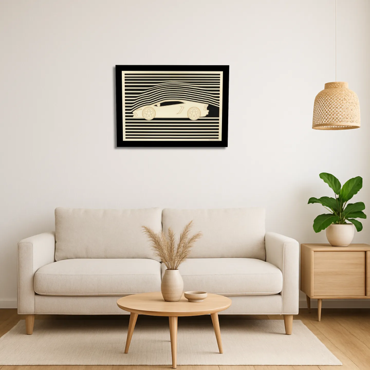 Living room view with a customizable wall art frame of a car design in cut and engraved wood