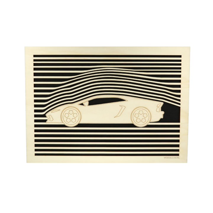 Customizable wall art frame of a car design in cut and engraved wood