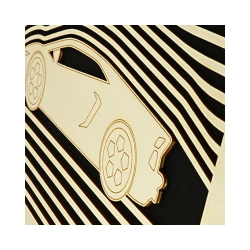 Zoom on a customizable wall art frame of a car design in cut and engraved wood