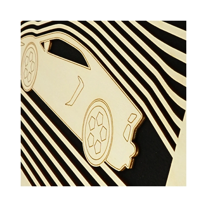 Zoom on a customizable wall art frame of a car design in cut and engraved wood