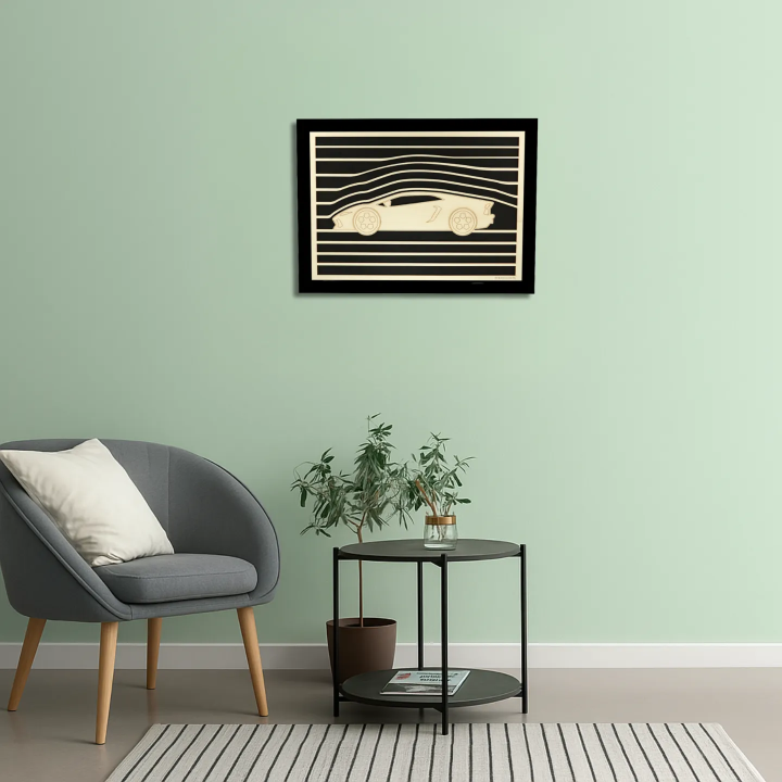 Waiting room view with a customizable wall art frame of a car design in cut and engraved wood