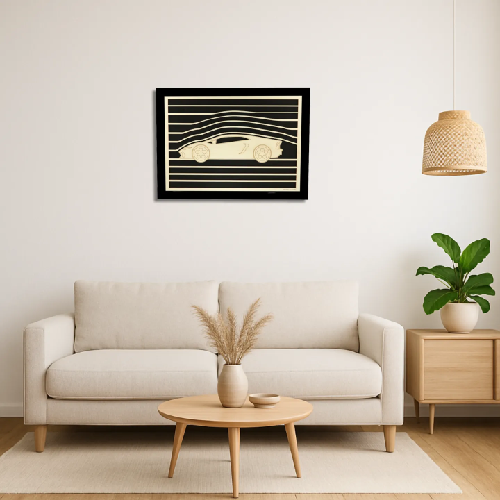 Living room view with a customizable wall art frame of a car design in cut and engraved wood